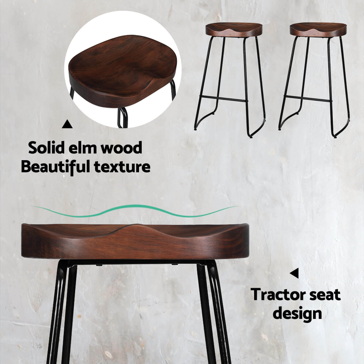 Curtin | Industrial Country Wooden Metal Bar Stools | Set Of 2 | Brown