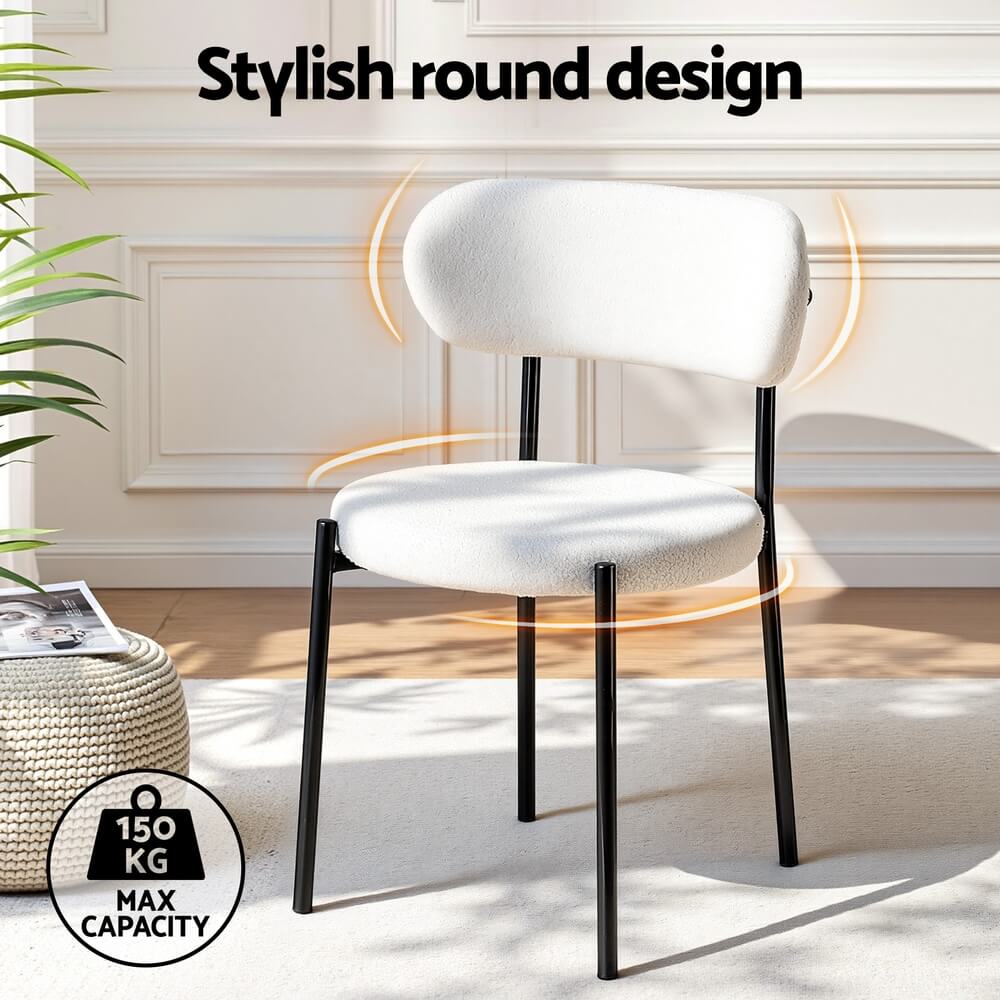 Delta | Modern White Sherpa Fabric Metal Dining Chairs | Set Of 2 | White