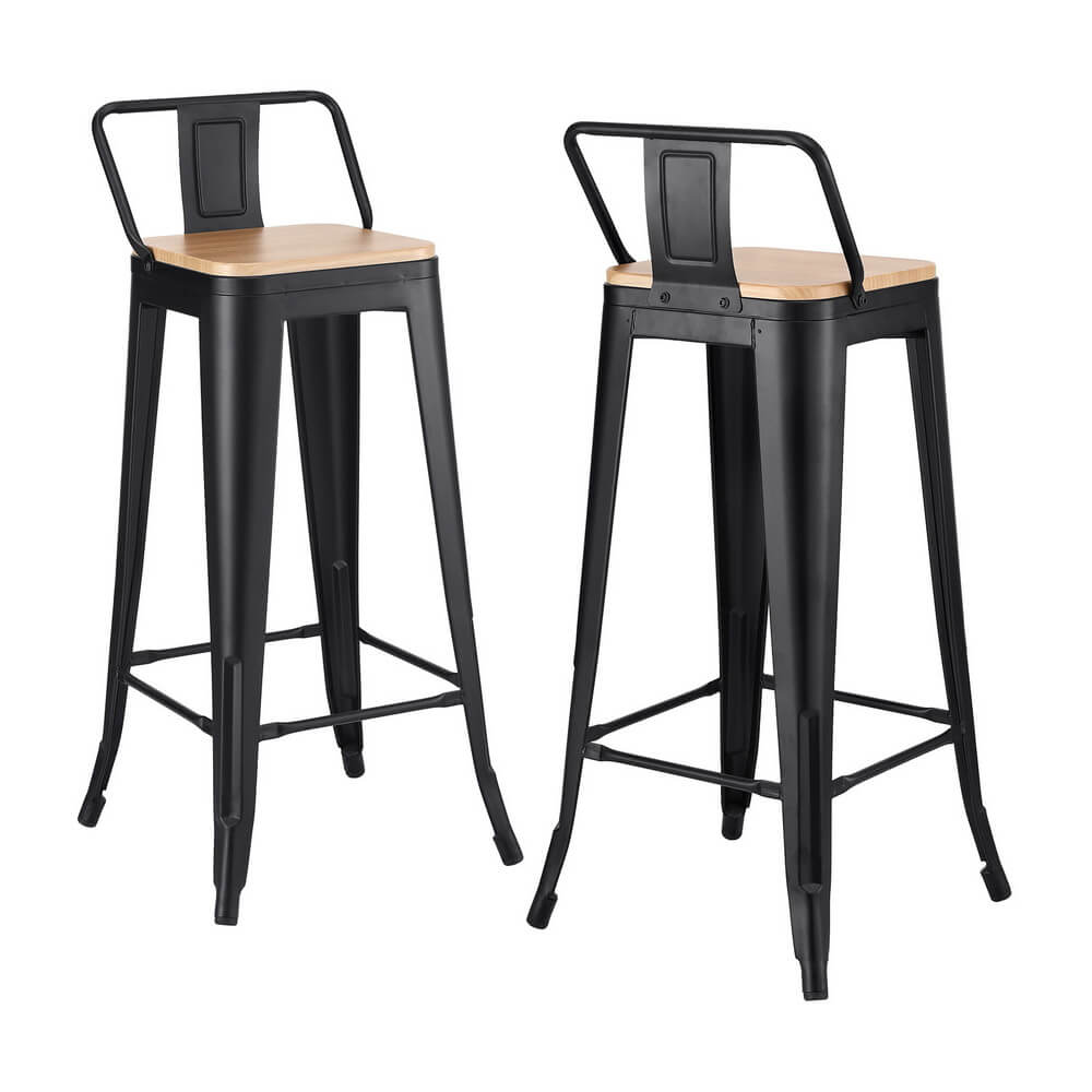 Derby | Industrial Stackable Wooden Metal Black 77cm Bar Stools | Set Of 2 | Black
