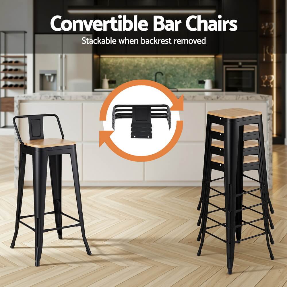 Derby | Industrial Stackable Wooden Metal Black 77cm Bar Stools | Set Of 2 | Black