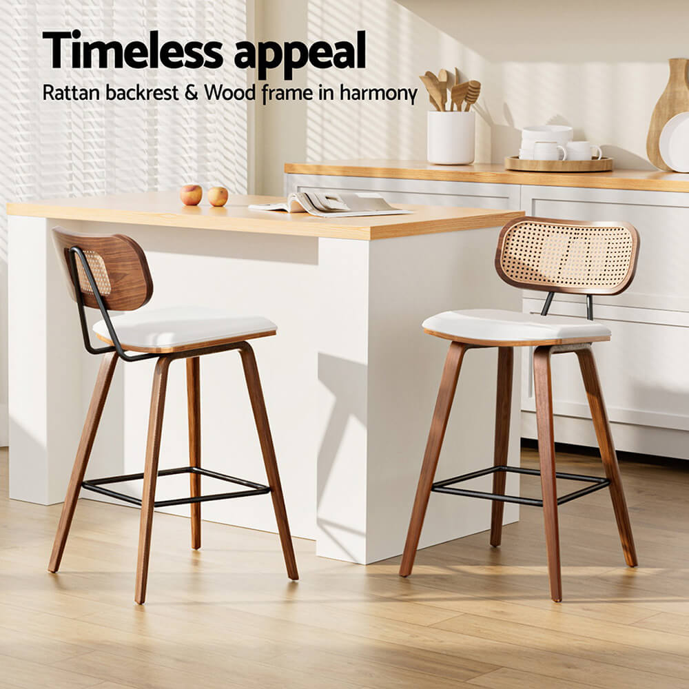 Natural Rattan Wooden 64cm Beige PU Leather Bar Stools | Set Of 2
