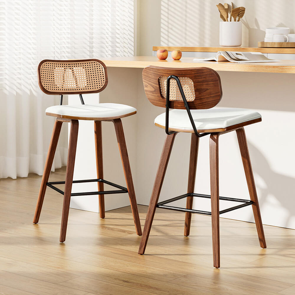 Natural Rattan Wooden 64cm Beige PU Leather Bar Stools | Set Of 2