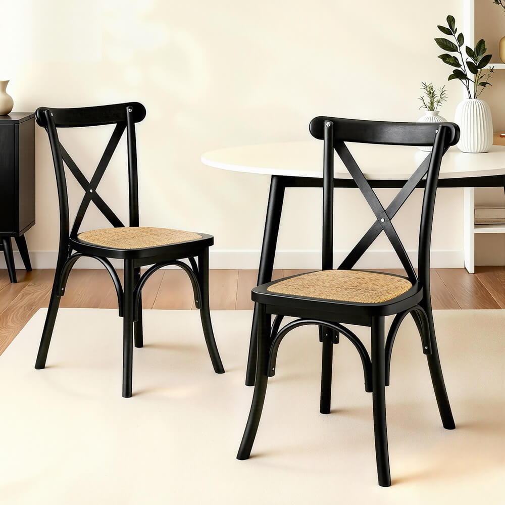 Edgewood | Country Natural Black Rattan Wooden Dining Chairs | Set Of 2