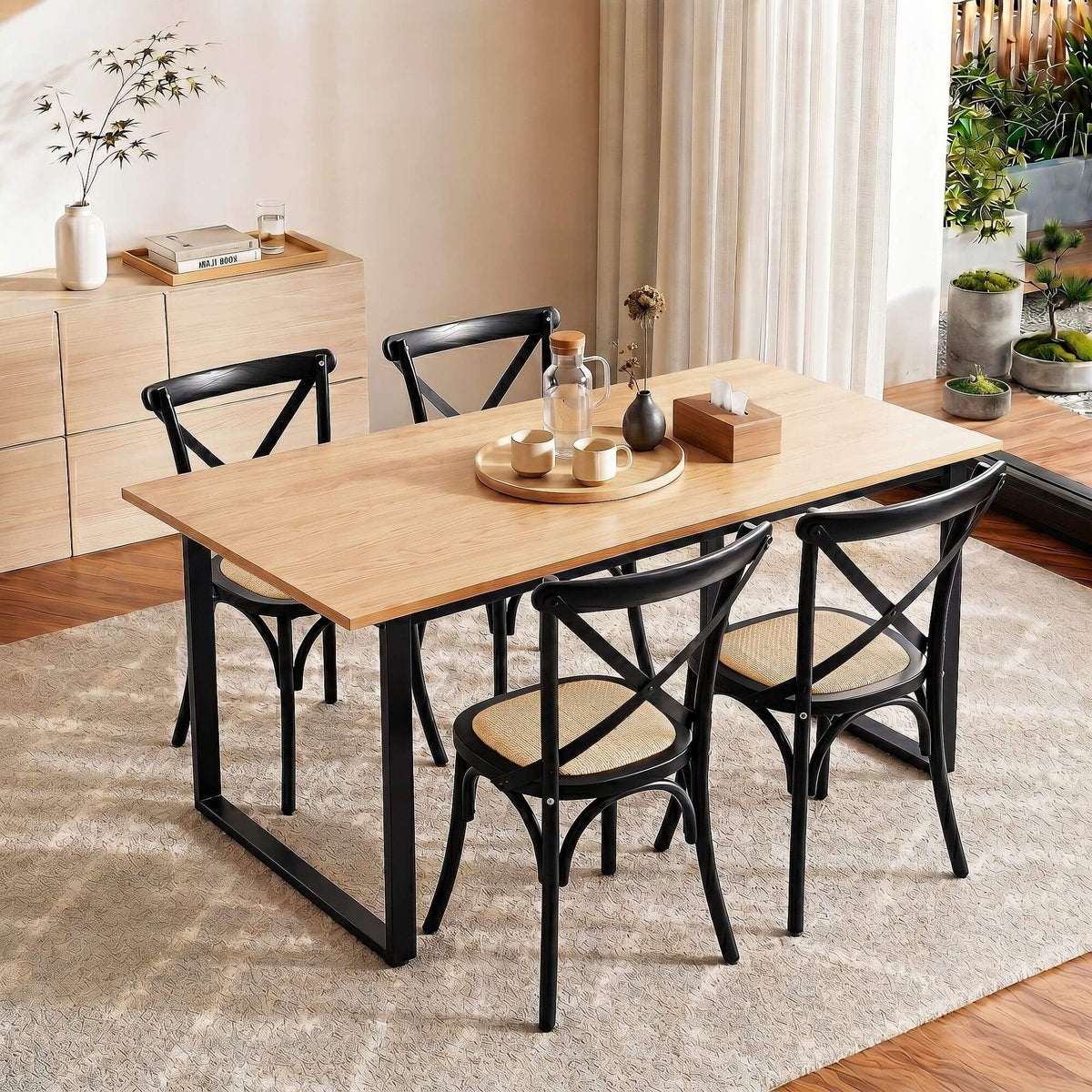 Edgewood Maynard | Industrial Natural 4 Seater Rectangular Wooden Dining Table Set | Black