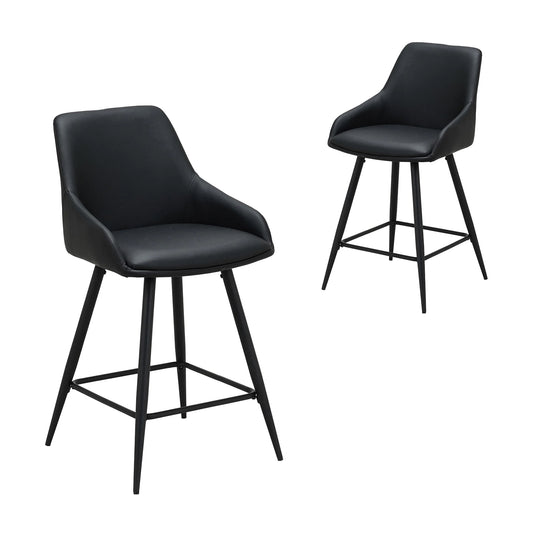 Eleanor | Modern Silver Grey Fabric Black PU Leather Bar stools | Set Of 2 | Black