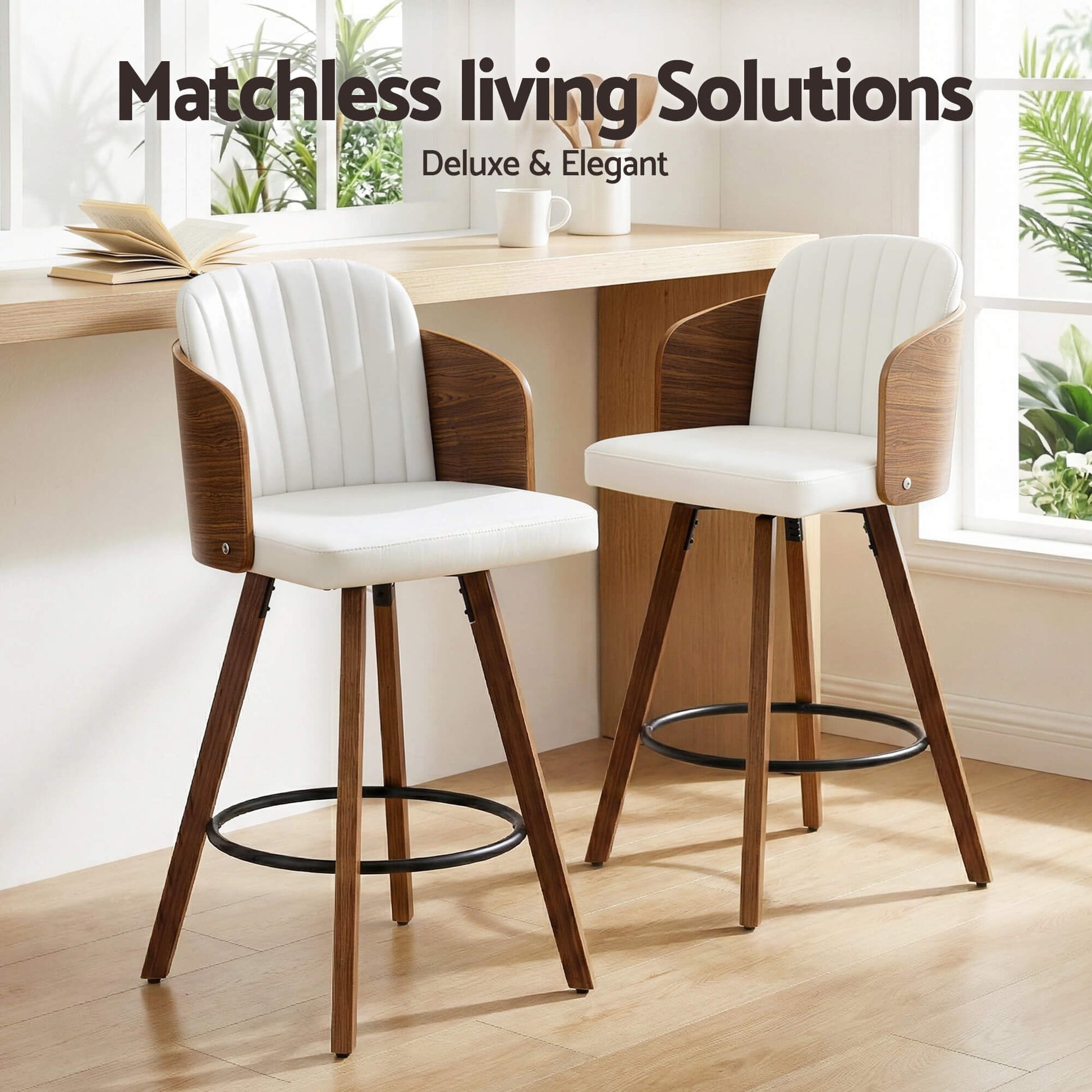 Emery Modern Swivel 58cm PU Leather White Wooden Bar Stools | White