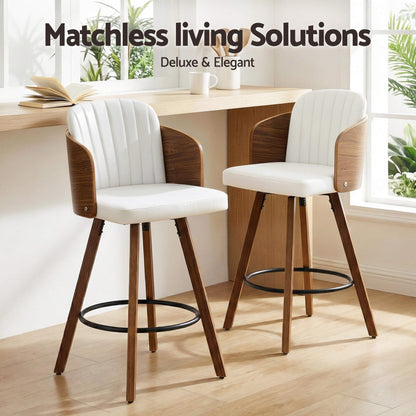 Emery Modern Swivel 58cm PU Leather White Wooden Bar Stools | White