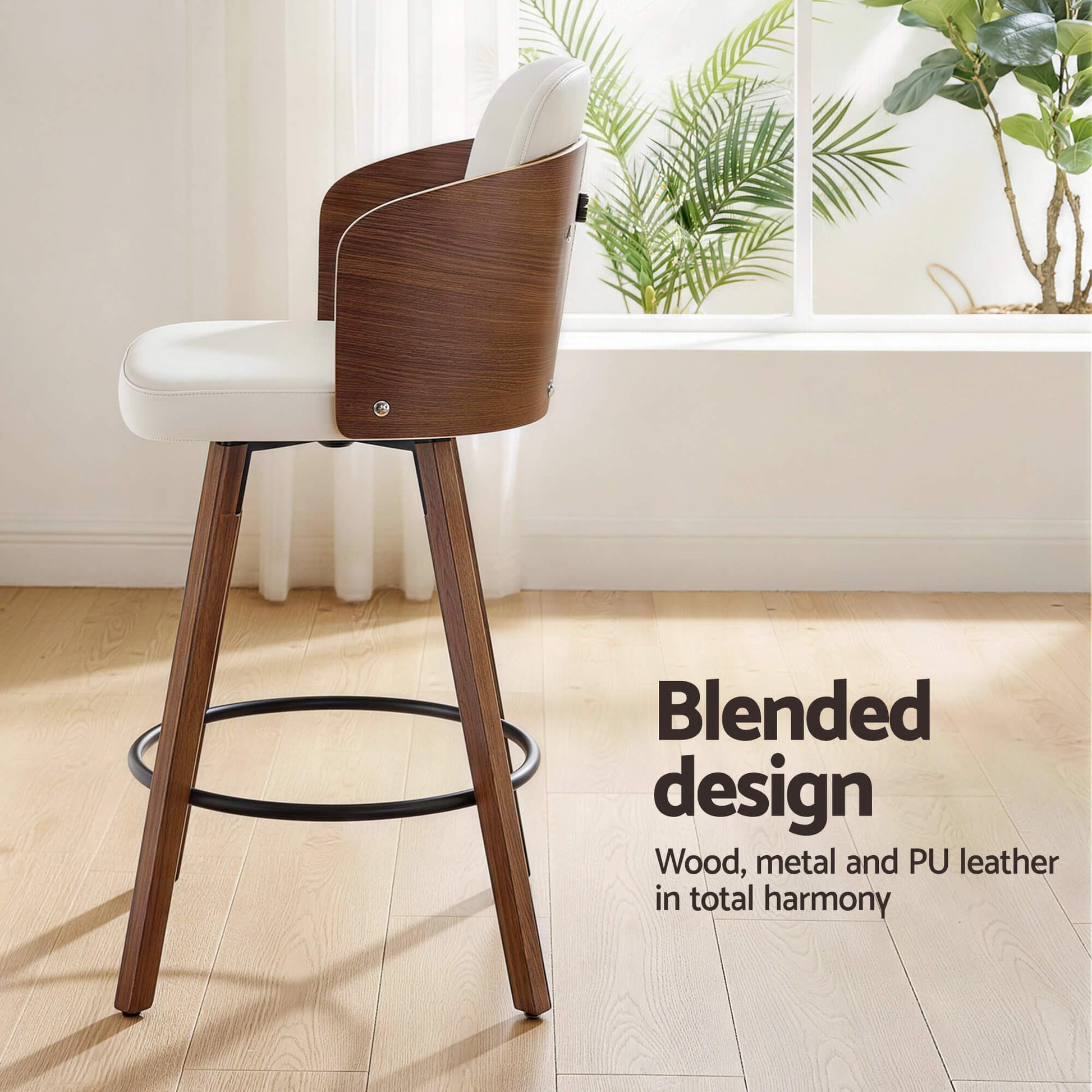 Emery Modern Swivel 58cm PU Leather White Wooden Bar Stools | White