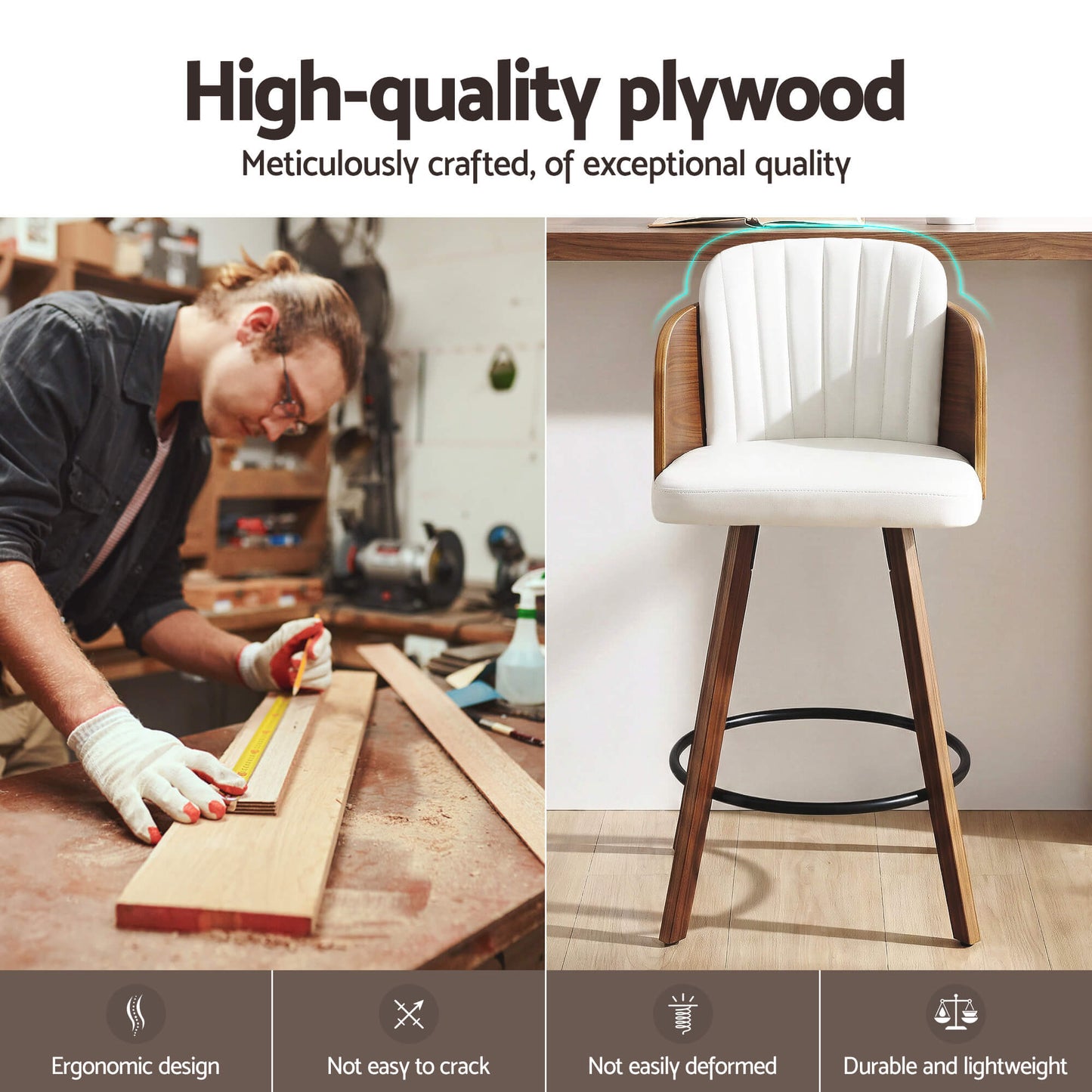 Emery Modern Swivel 58cm PU Leather White Wooden Bar Stools | White