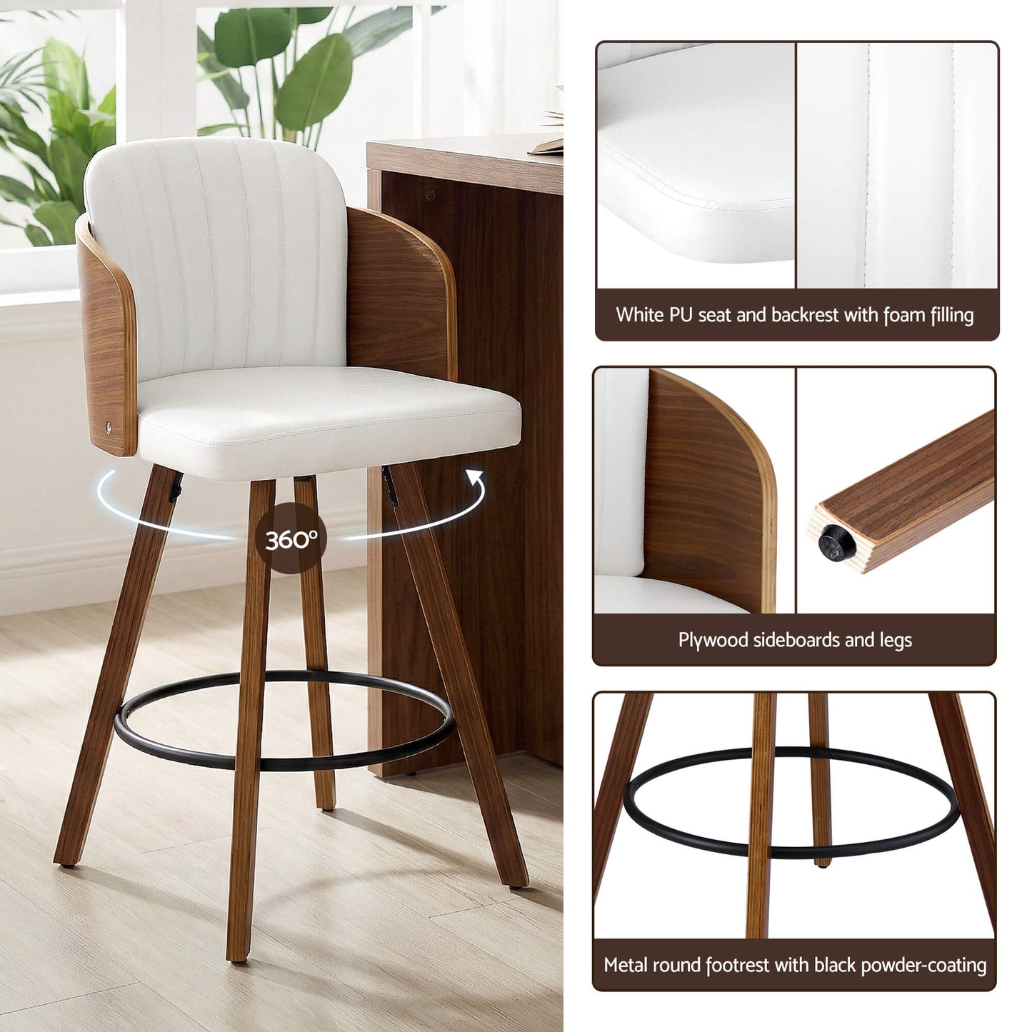 Emery Modern Swivel 58cm PU Leather White Wooden Bar Stools | White