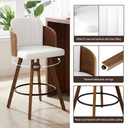 Emery Modern Swivel 58cm PU Leather White Wooden Bar Stools | White