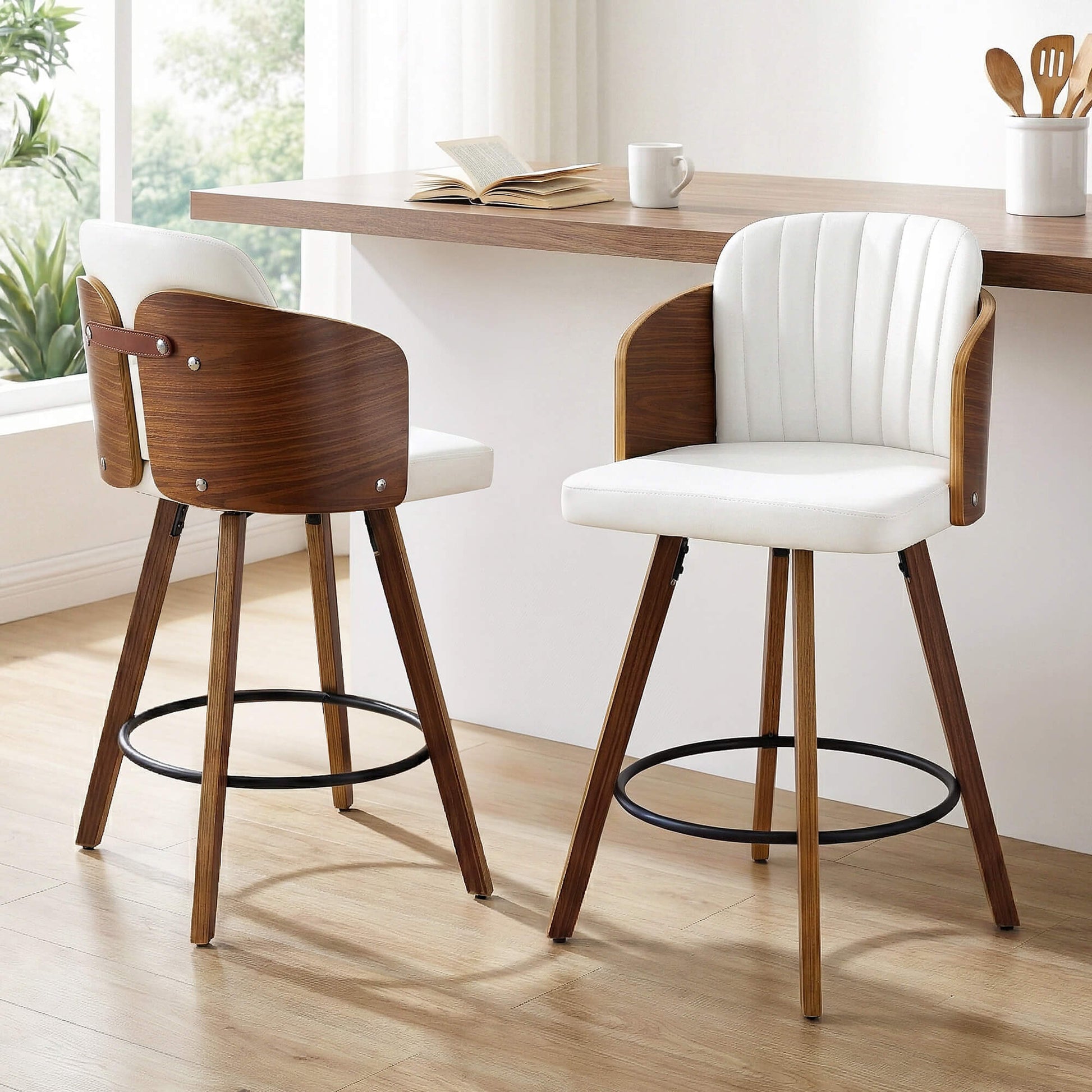 Emery Modern Swivel 58cm PU Leather White Wooden Bar Stools | White