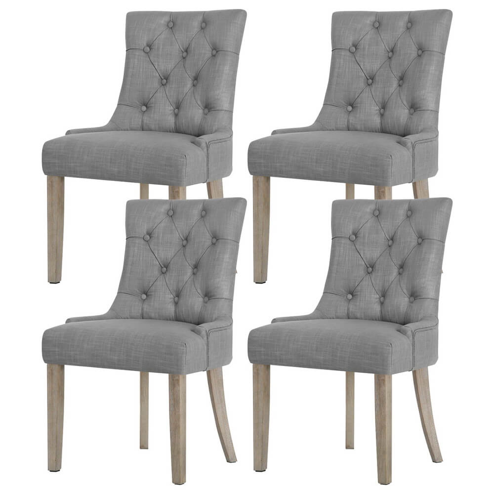 Emperor | French Provincial Grey Linen Fabric Wooden Dining Chairs | Set Of 4