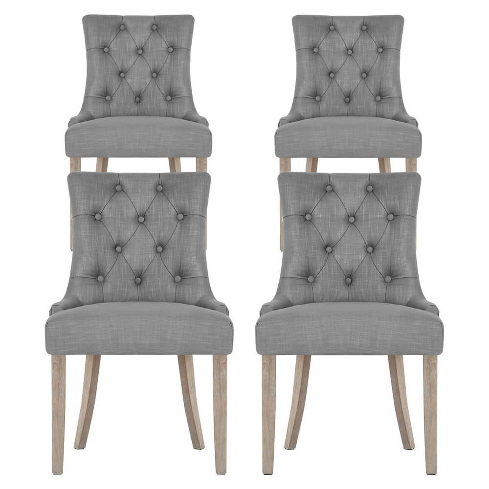 Emperor | French Provincial Grey Linen Fabric Wooden Dining Chairs | Set Of 4 | Grey