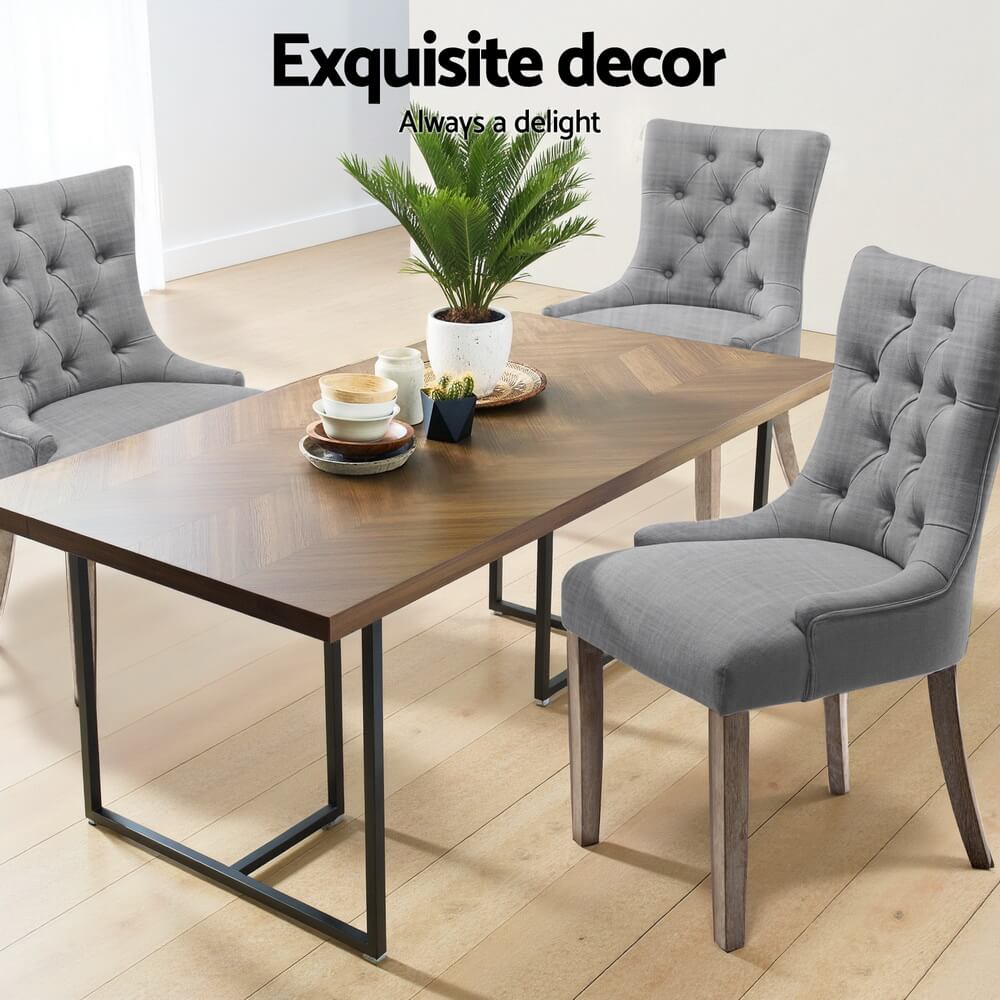 Emperor | French Provincial Grey Linen Fabric Wooden Dining Chairs | Set Of 4 | Grey