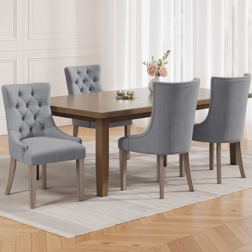 Emperor | French Provincial Grey Linen Fabric Wooden Dining Chairs | Set Of 4