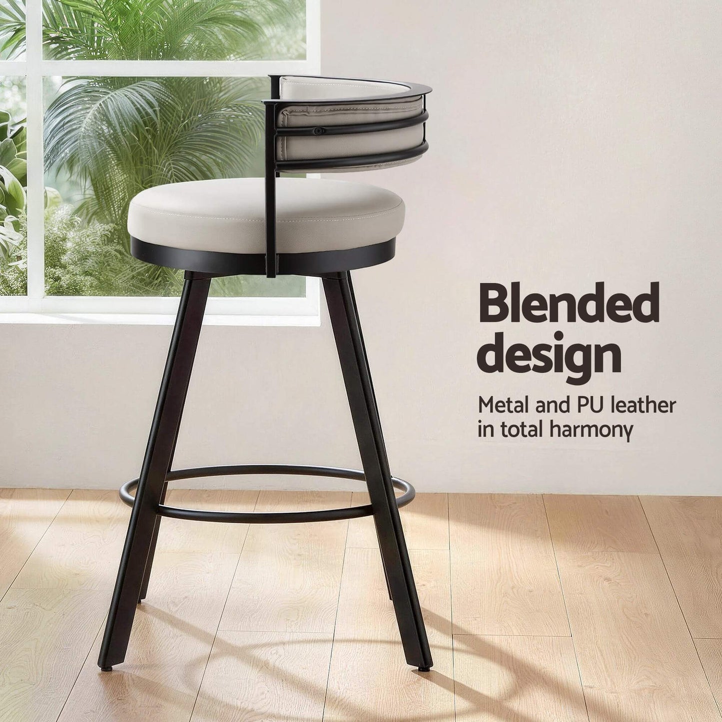 Emporio | Modern Metal Beige PU Leather Bar Stools With Arms | Set Of 2 | Beige