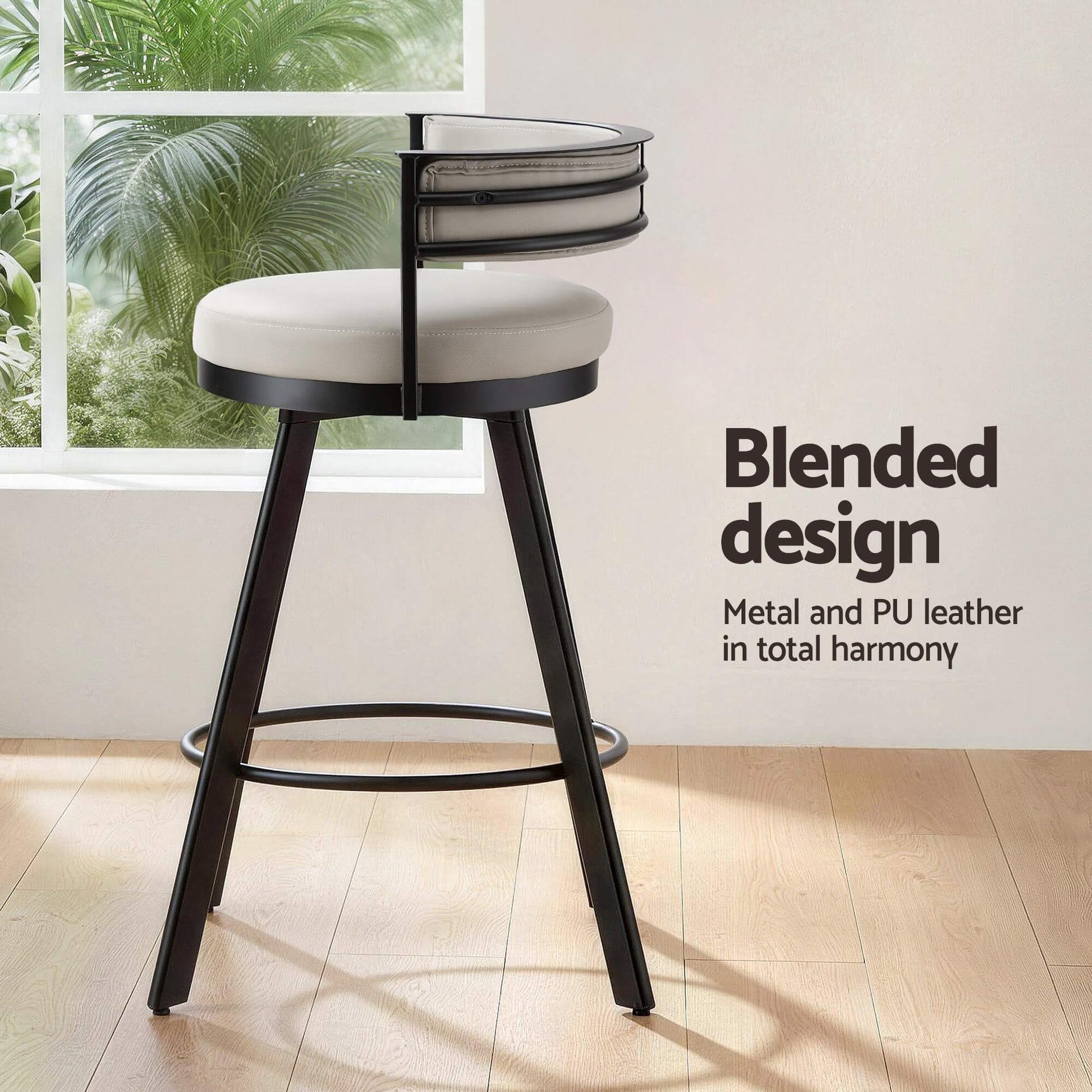 Emporio | Modern Metal Beige PU Leather Bar Stools With Arms | Set Of 2 | Beige