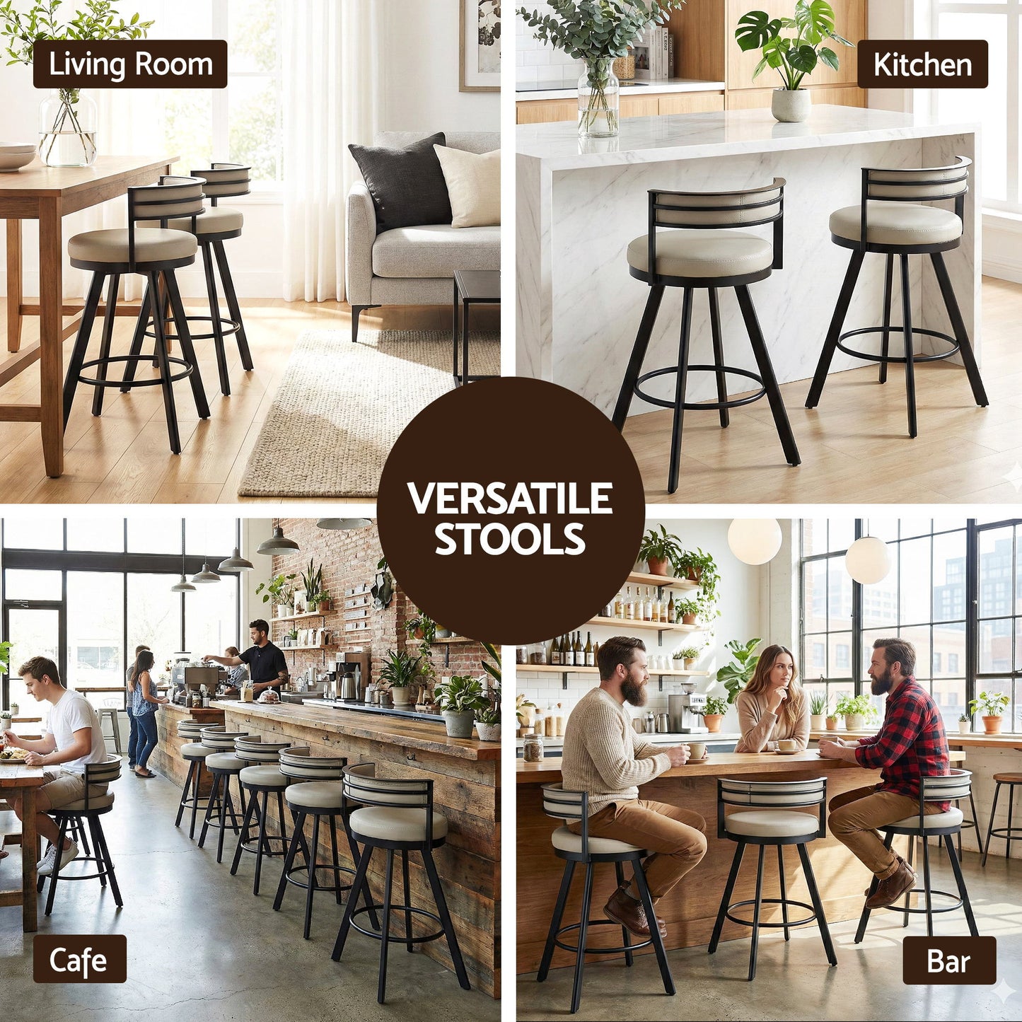 Emporio | Modern Metal Beige PU Leather Bar Stools With Arms | Set Of 2 | Beige