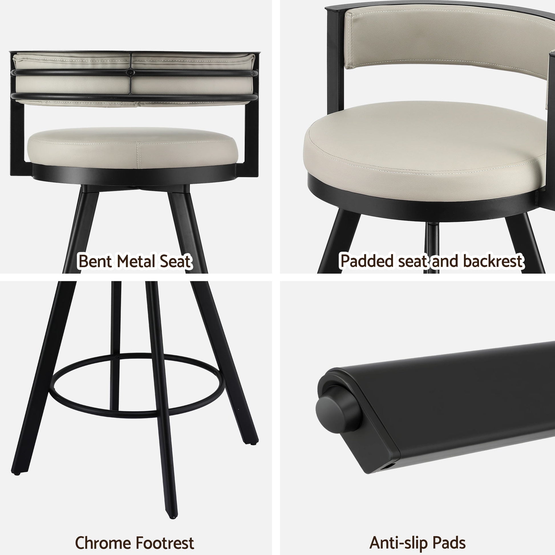 Emporio | Modern Metal Beige PU Leather Bar Stools With Arms | Set Of 2 | Beige