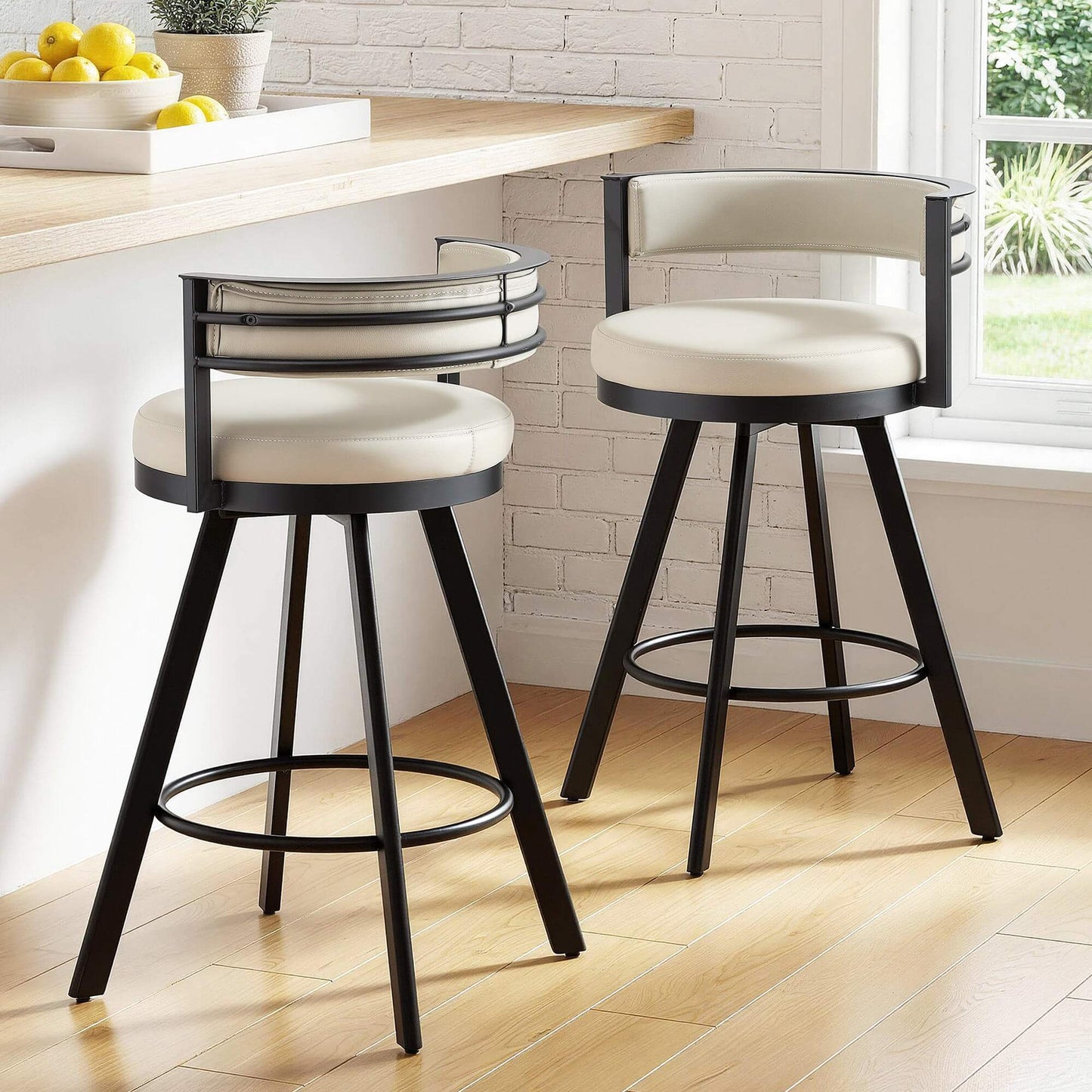 Emporio | Modern Metal Beige PU Leather Bar Stools With Arms | Set Of 2 | Beige