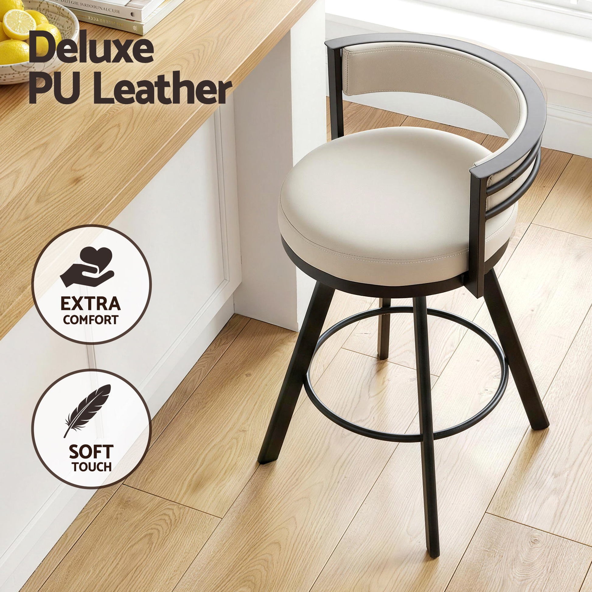 Emporio | Modern Metal Beige PU Leather Bar Stools With Arms | Set Of 2 | Beige