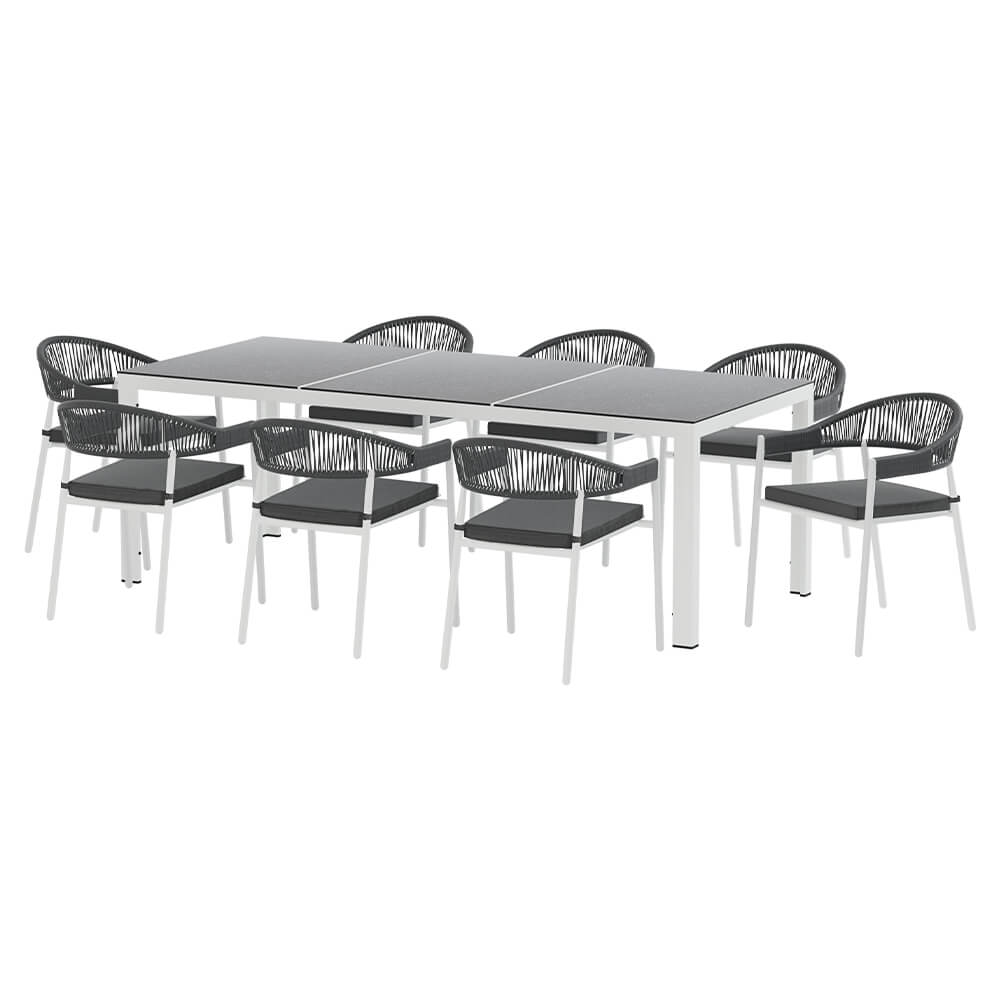 Esperance | Coastal Grey Rope White Steel 8 Seater Dining Table Set