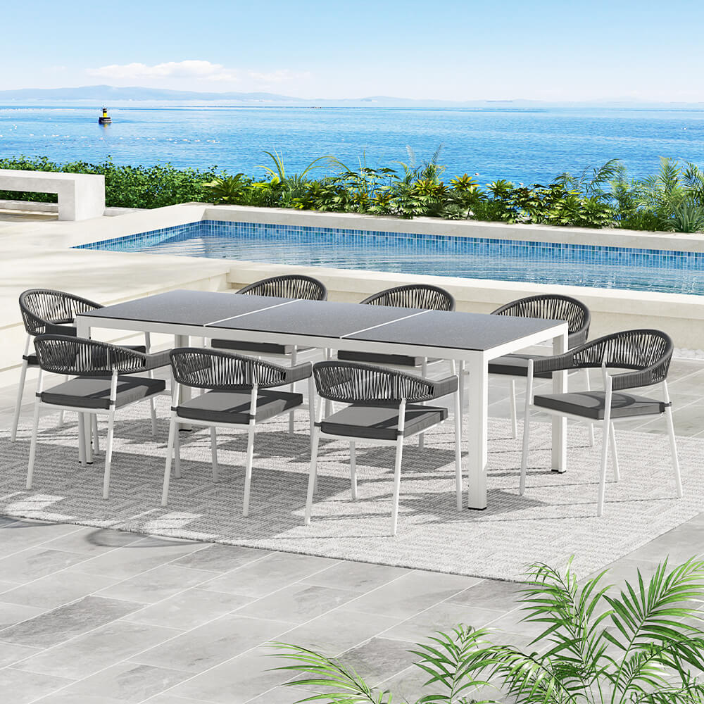 Esperance | Coastal Grey Rope White Steel 8 Seater Dining Table Set