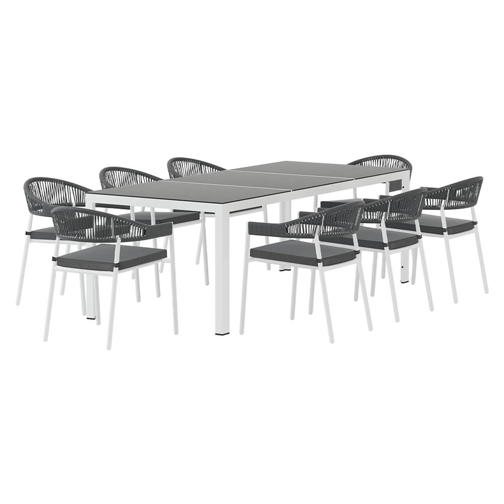 Esperance | Coastal Grey Rope White Steel 8 Seater Dining Table Set