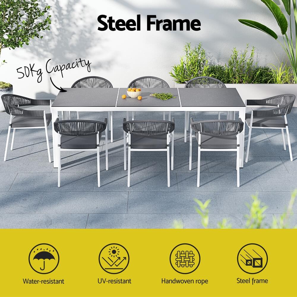 Esperance | Coastal Grey Rope White Steel 8 Seater Dining Table Set