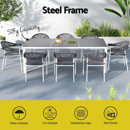 Esperance | Coastal Grey Rope White Steel 8 Seater Dining Table Set