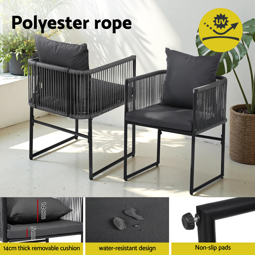 Fairhaven | Black Metal Outdoor Rope Outdoor Dining Chairs With Arms | Set Of 2 | Black