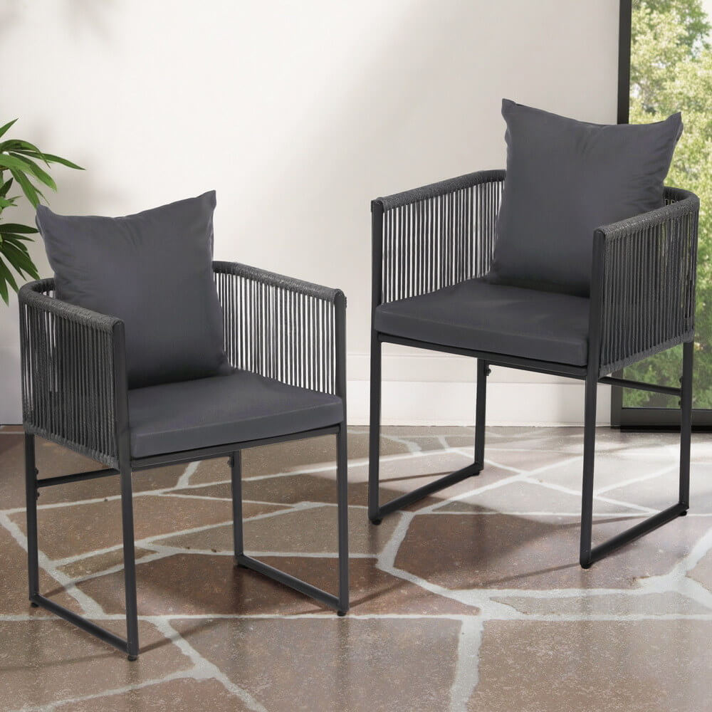 Fairhaven | Black Metal Outdoor Rope Outdoor Dining Chairs With Arms | Set Of 2 | Black