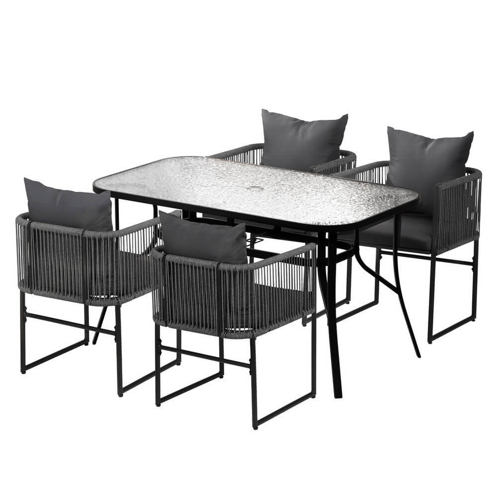 Fairhaven | Coastal Black Metal Rope 4 Seater Glass Outdoor Dining Table Set