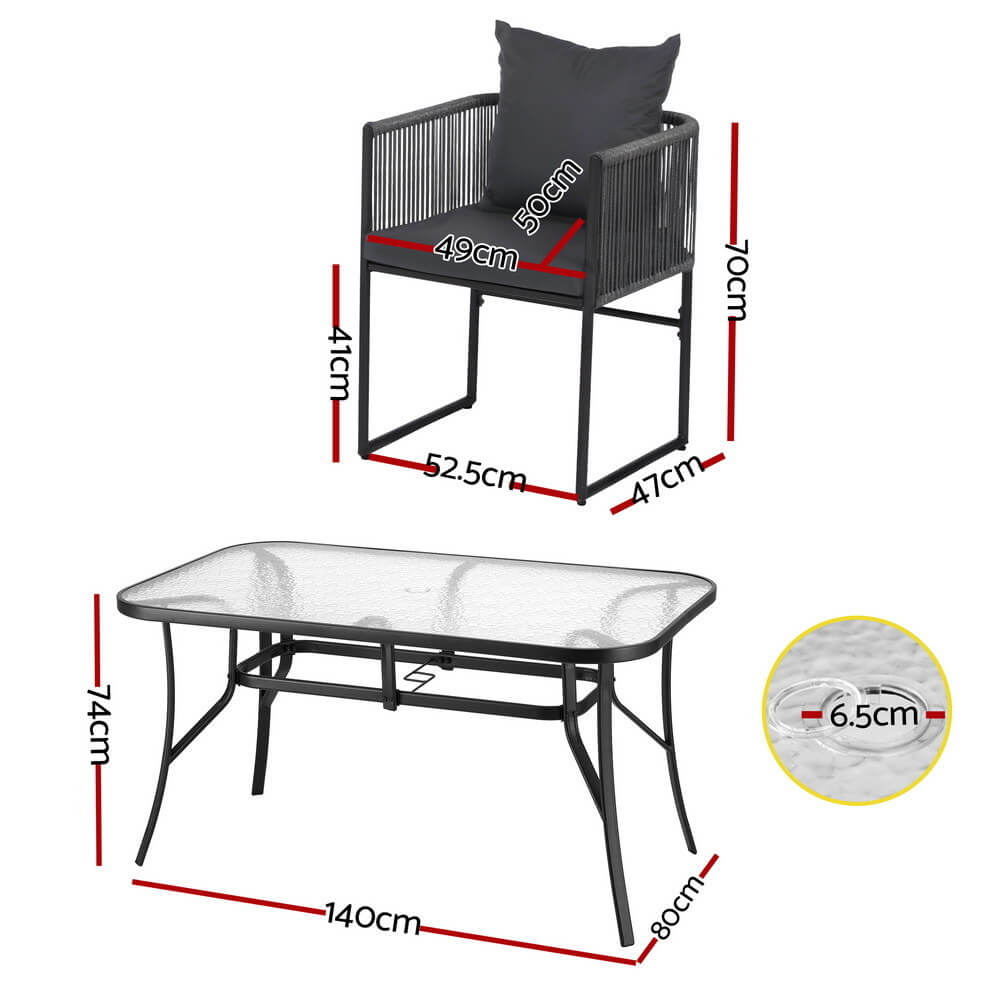 Fairhaven | Coastal Black Metal Rope 4 Seater Glass Outdoor Dining Table Set