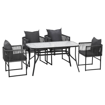 Fairhaven | Coastal Black Metal Rope 4 Seater Glass Outdoor Dining Table Set