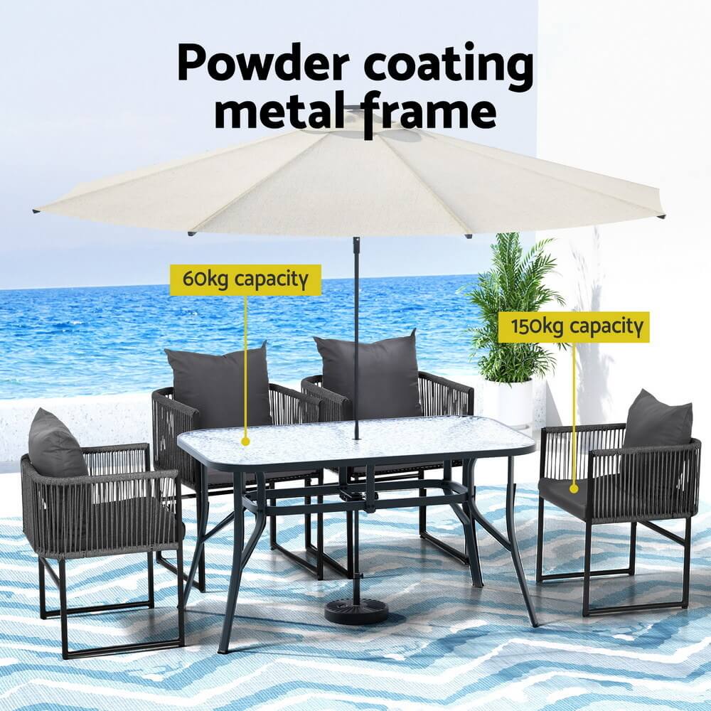 Fairhaven | Coastal Black Metal Rope 4 Seater Glass Outdoor Dining Table Set