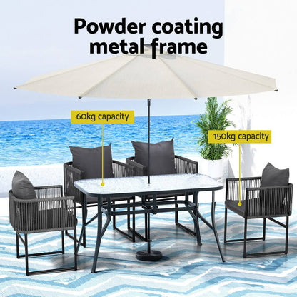 Fairhaven | Coastal Black Metal Rope 4 Seater Glass Outdoor Dining Table Set