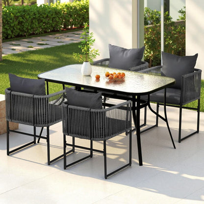 Fairhaven | Coastal Black Metal Rope 4 Seater Glass Outdoor Dining Table Set