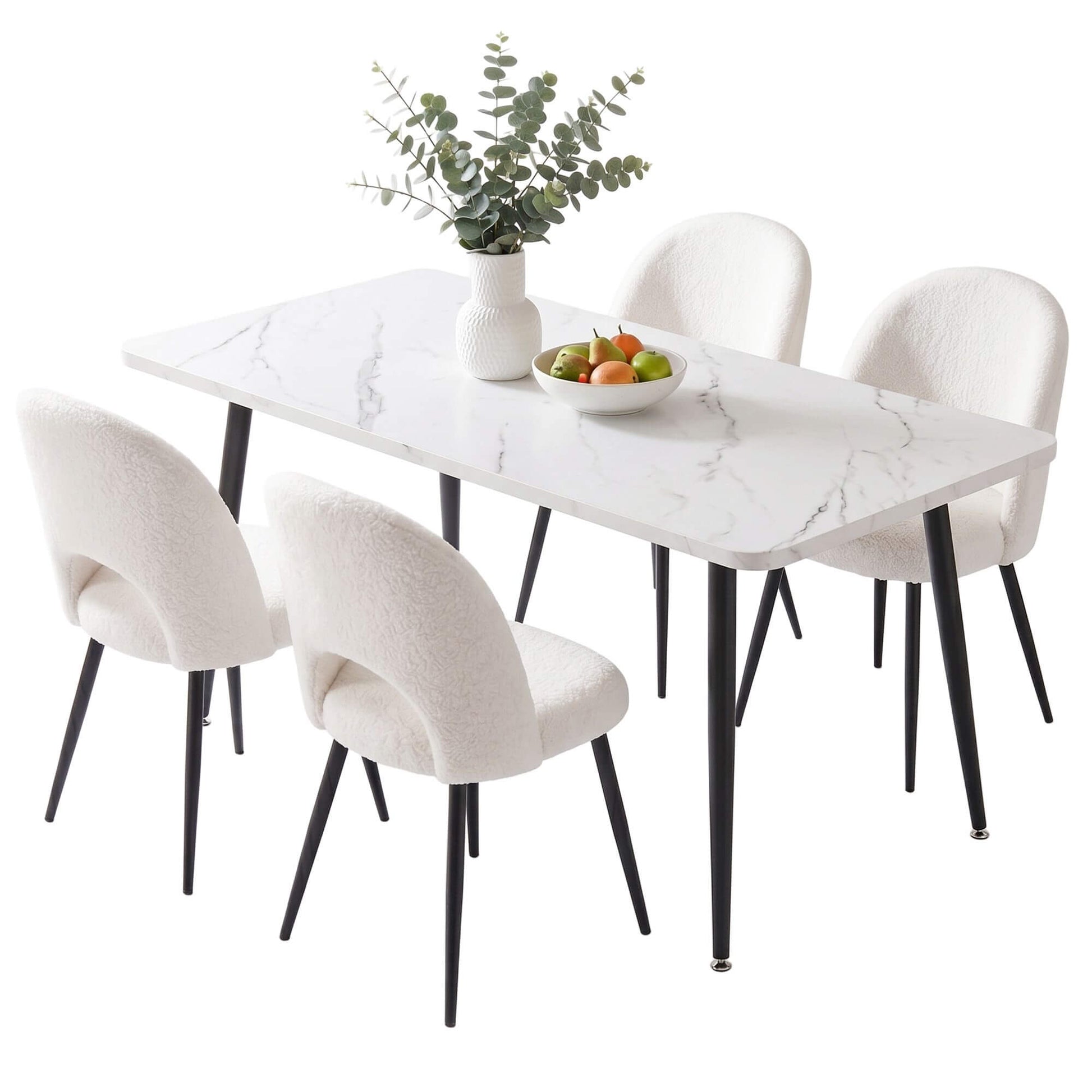 Fantome Harris | Modern White Boucle 1.5m Marble Effect White Black Dining Table Set | White