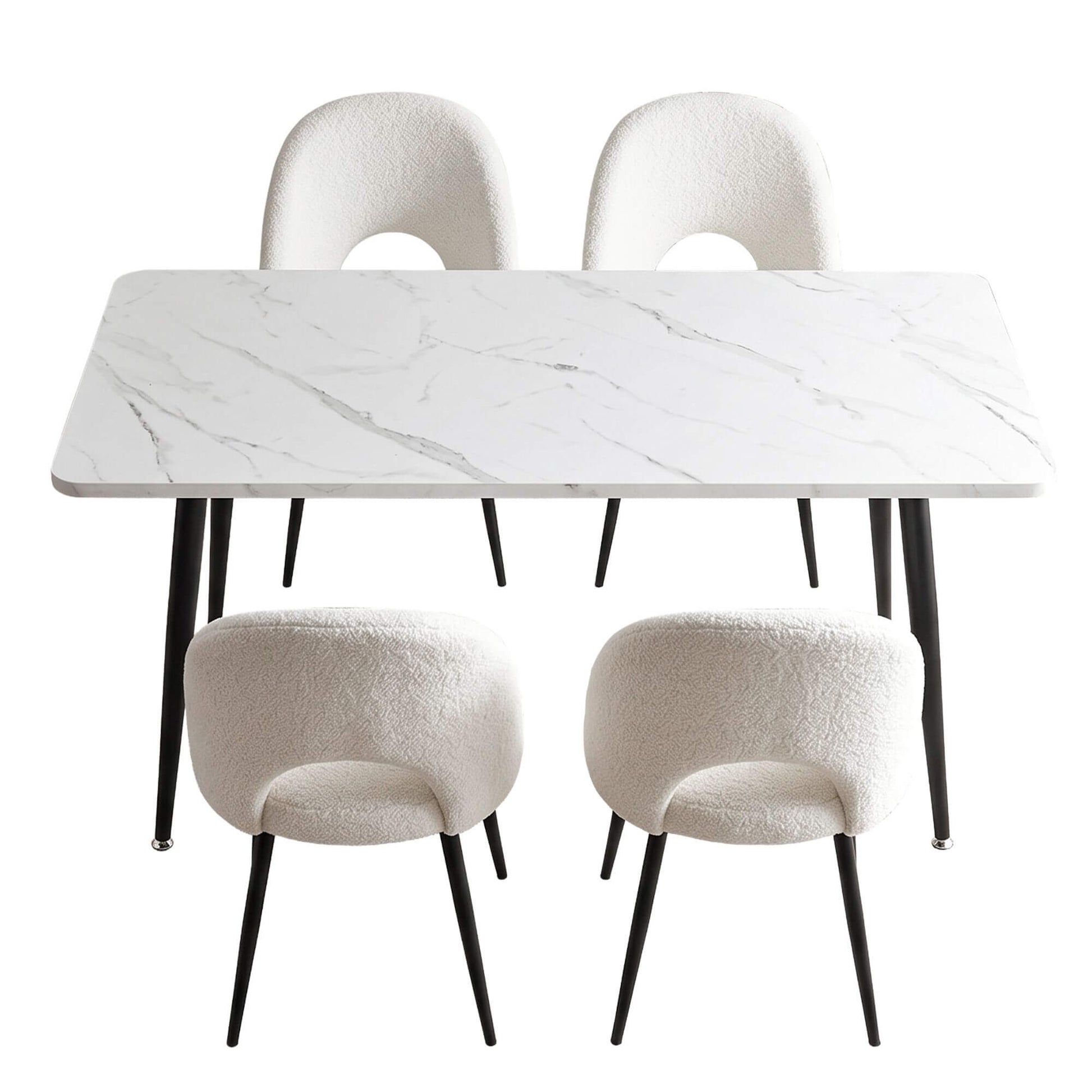 Fantome Harris | Modern White Boucle 1.5m Marble Effect White Black Dining Table Set | White