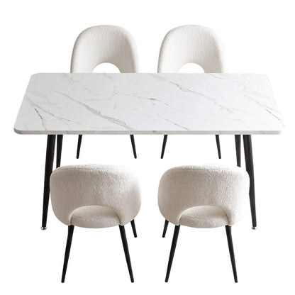 Fantome Harris | Modern White Boucle 1.5m Marble Effect White Black Dining Table Set | White