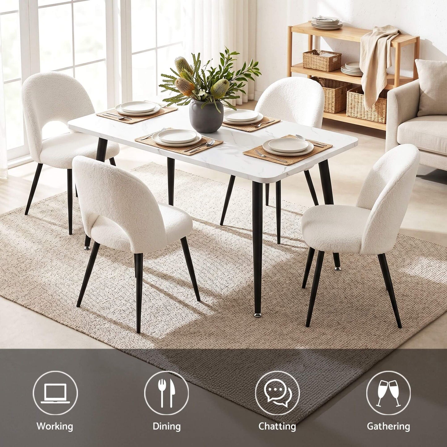 Fantome Harris | Modern White Boucle 1.5m Marble Effect White Black Dining Table Set | White