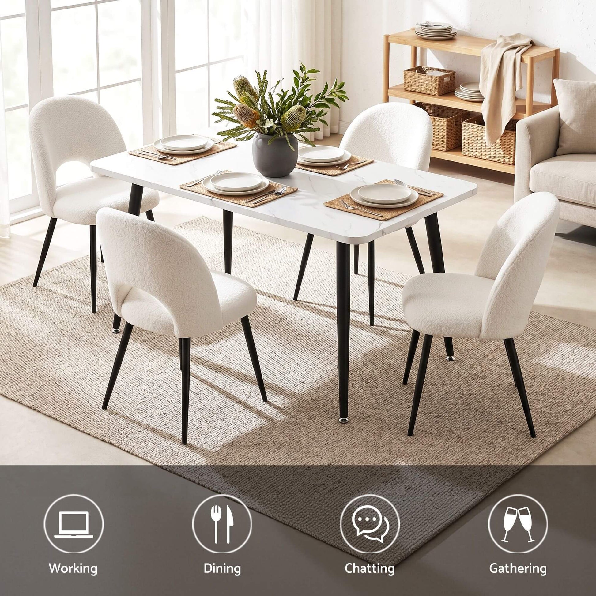 Fantome Harris | Modern White Boucle 1.5m Marble Effect White Black Dining Table Set | White