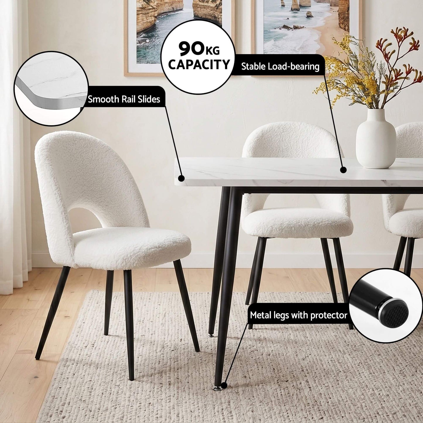 Fantome Harris | Modern White Boucle 1.5m Marble Effect White Black Dining Table Set | White