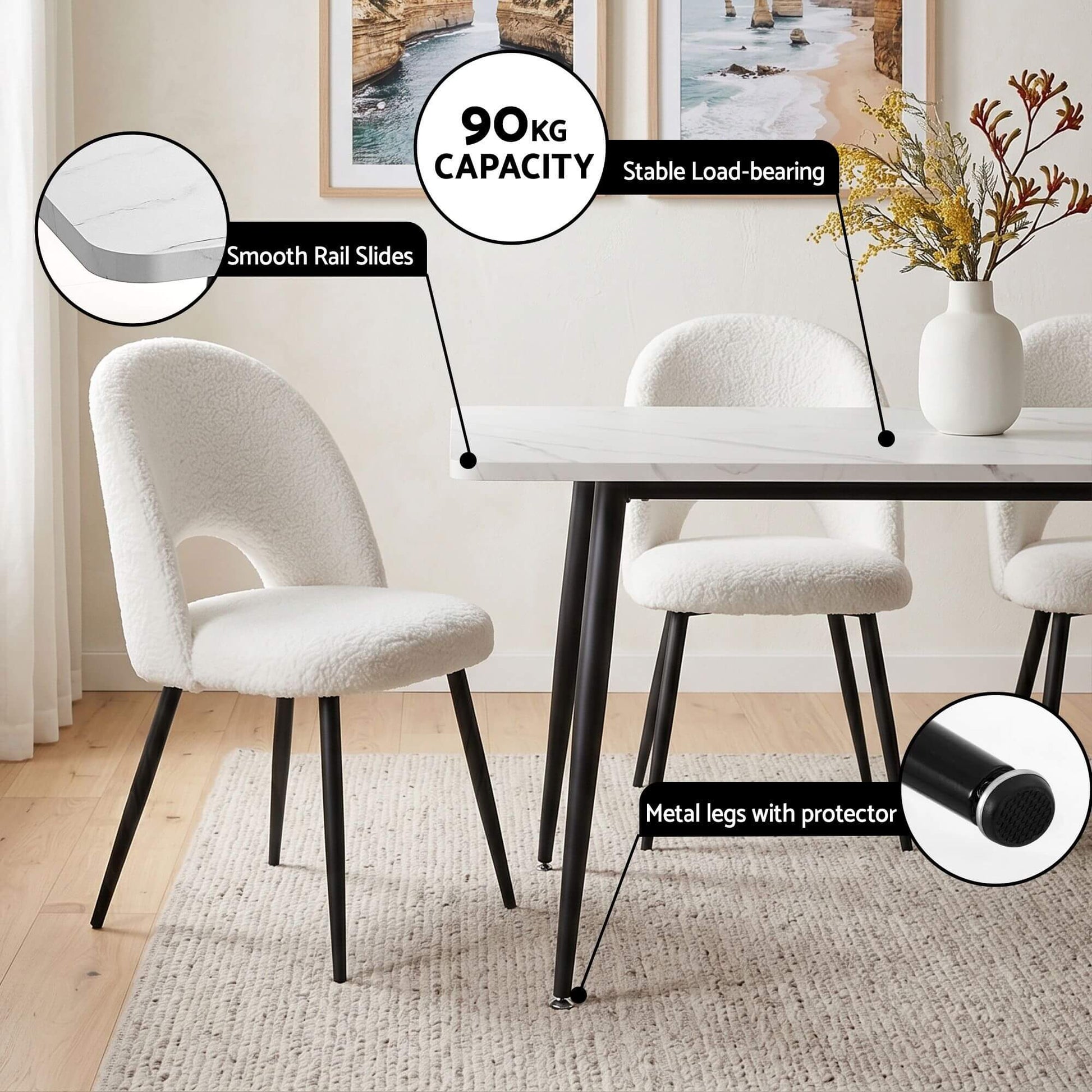 Fantome Harris | Modern White Boucle 1.5m Marble Effect White Black Dining Table Set | White