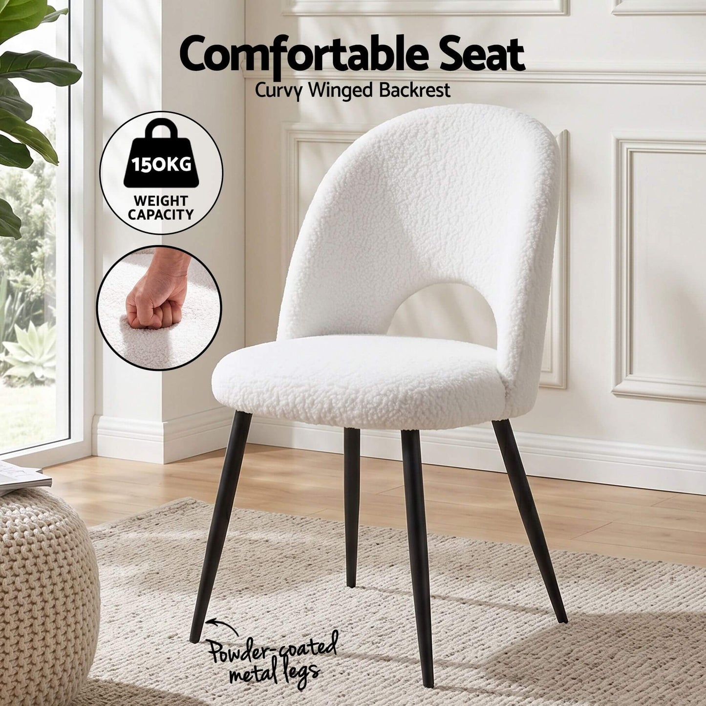 Fantome | Modern White Boucle Fabric Metal Dining Chairs Set Of 2 | White