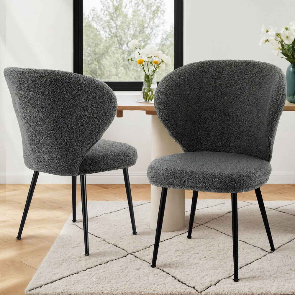 Feathertop | Modern Sherpa Boucle Grey White Fabric Dining Chairs | Set Of 2 | Grey