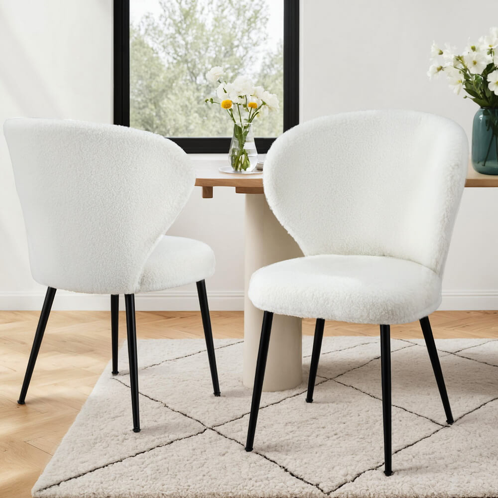 Feathertop | Modern Sherpa Boucle Grey White Fabric Dining Chairs | Set Of 2 | White