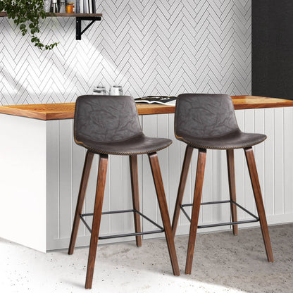 Felix | Modern Wooden Brown PU Leather Bar Stools | Set Of 2 | Brown